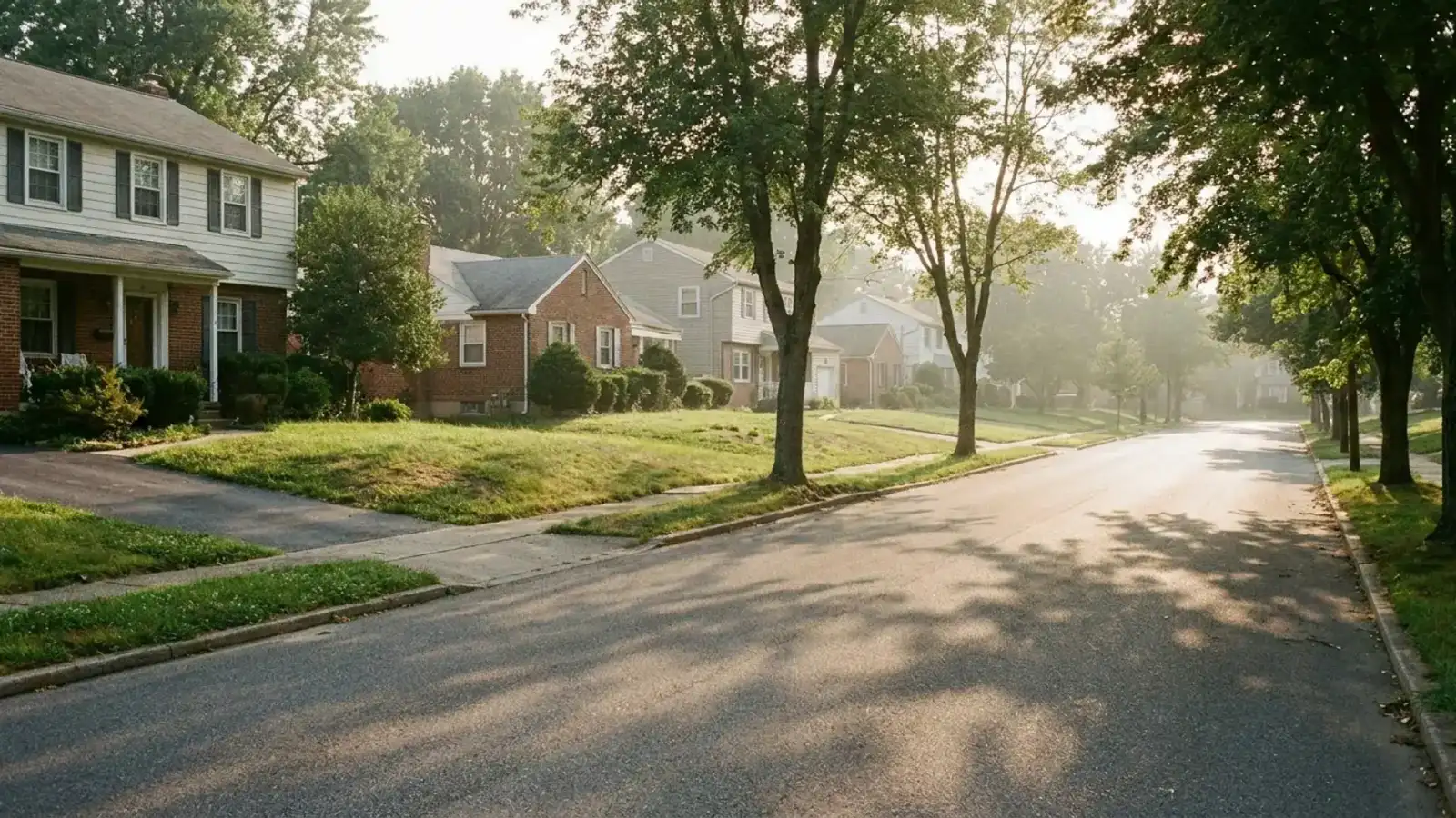A quiet tree-lined residential street in late-afternoon light